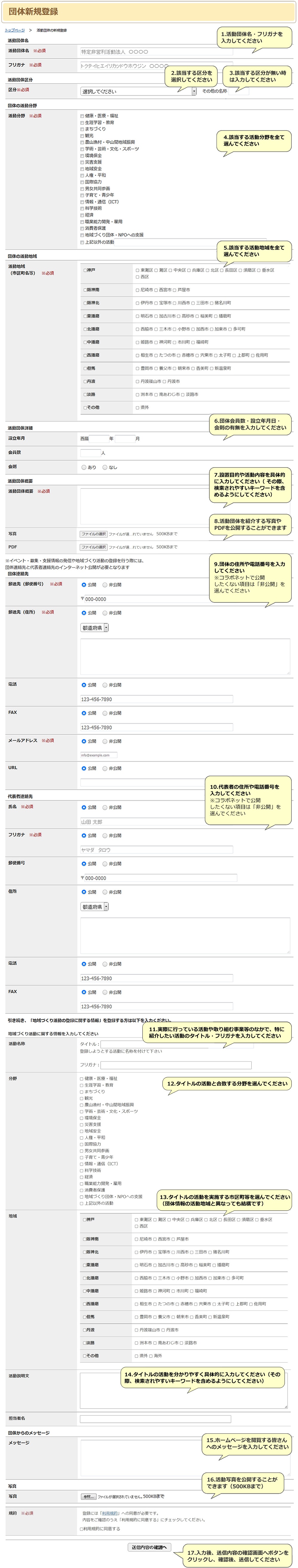 活動団体新規登録フォームスクリーンショット。詳細は以下。