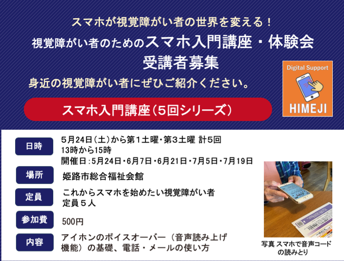 スマホが視覚障がい者の世界を変える！  視覚障がい者のためのスマホ入門講座・体験会 受講者募集 身近の視覚障がい者にぜひご紹介ください。 スマホ入門講座（５回シリーズ）  日時 ５月24日（土）から第１土曜・第３土曜計５回 13時から15時間程度 開催日：5月24日・6月7日・6月21日・7月5日・7月19日 場所姫路市総合福祉会館 定員 これからスマホを始めたい視覚障がい者 定員５人 参加費500円 内容 アイホンのボイスオーバー（音声読み上げ 機能）の基礎、電話・メールの使い方写真スマホで音声コード 